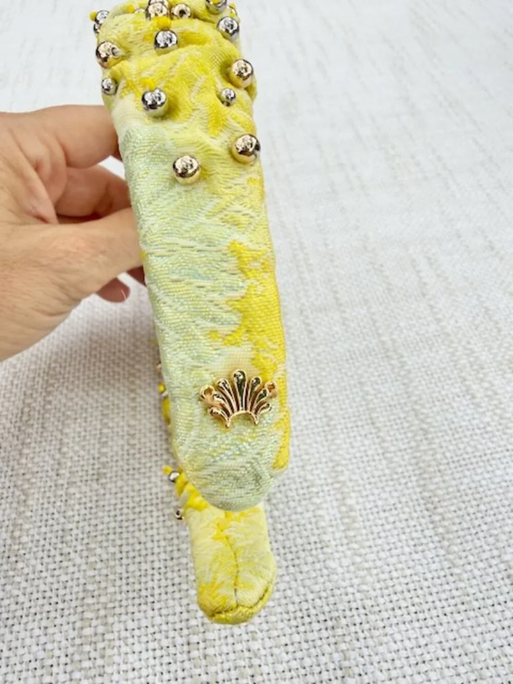 Lele Sadoughi Yellow Jacquard Beaded Kelly Ruched Headband OS